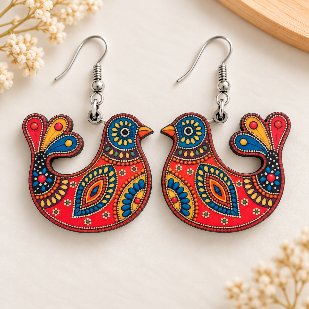 Folk art bird wooden earrings for women – colourful ethnic dangler with red body, blue head and fanned tail Main image