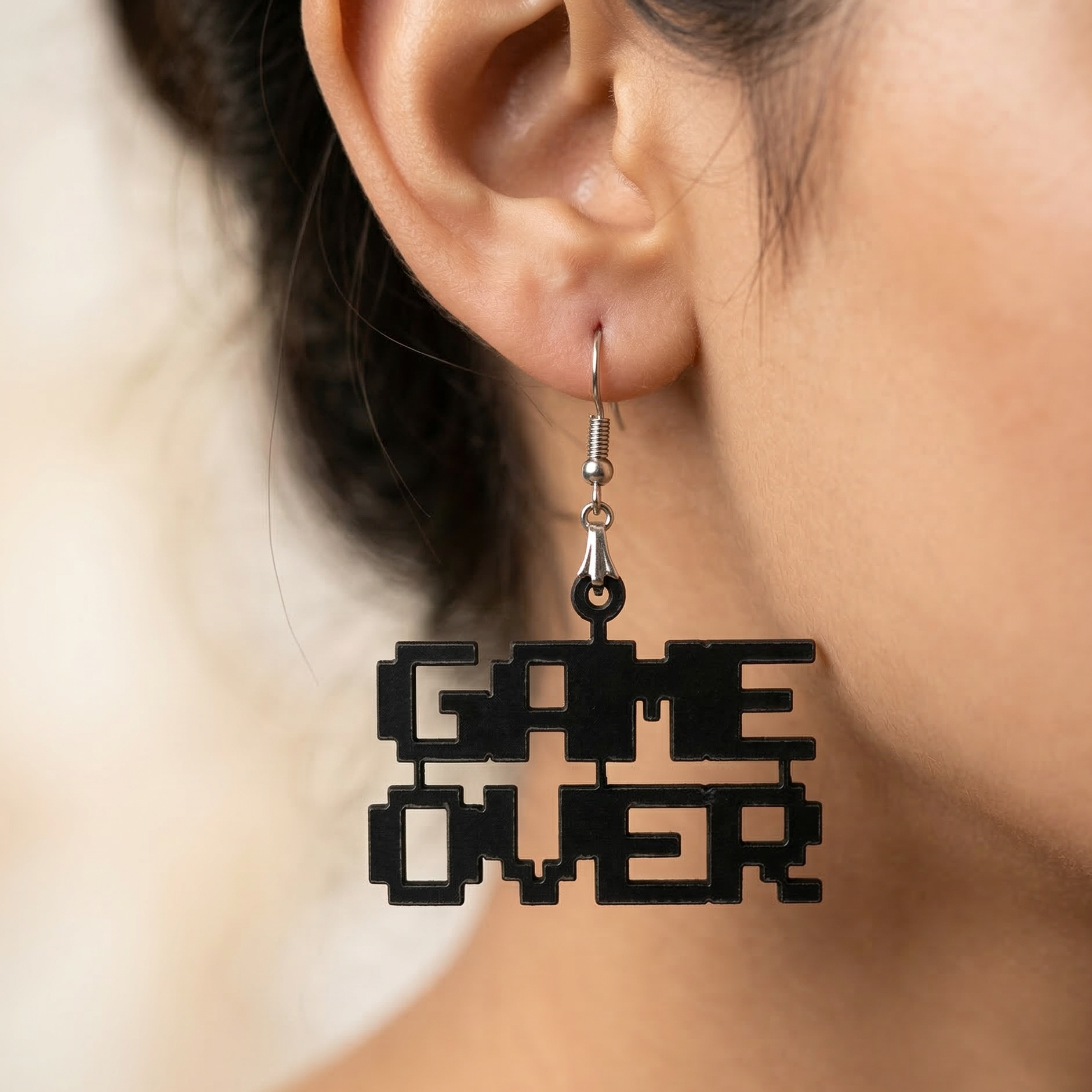 game over cutout wooden earrings for women pixel text negative-space black lightweight gamer statement dangle earrings Main image