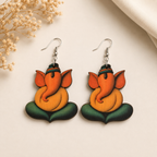 Ganesha lotus wooden earrings for women with orange and green spiritual Indian design