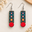 Geometric diamond bar wooden earrings for women – tribal boho dangler with teal beadwork pattern and red accent