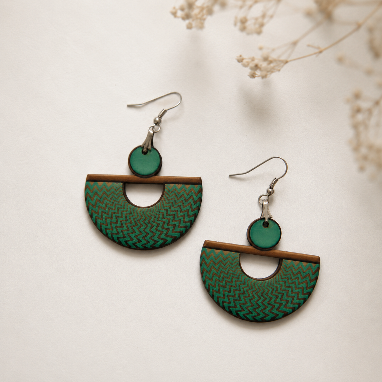 Green geometric wooden earrings for women with modern zigzag design Main image