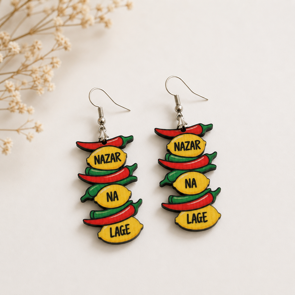 Handcrafted Nazar Na Lage wooden earrings for women featuring colorful nimbu mirchi inspired design and quirky desi statement styling. Main image