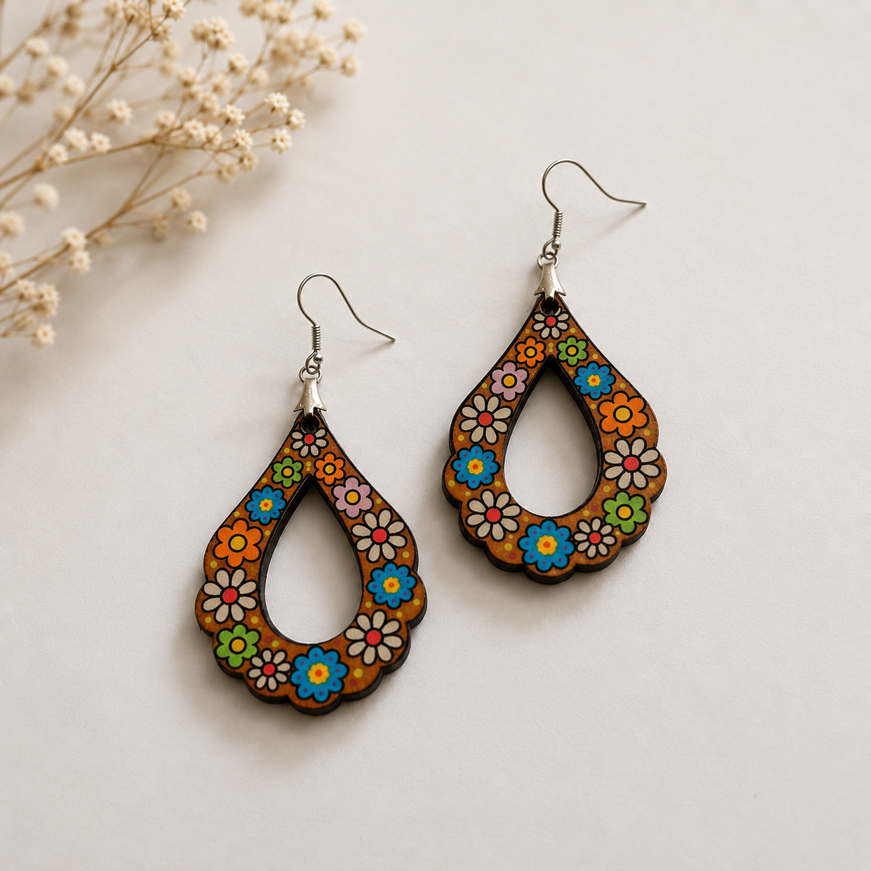Handcrafted retro floral wooden earrings for women with colorful flower artwork and hollow teardrop design on a minimal neutral background. Main image