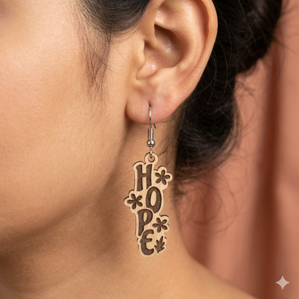 hope engraved wooden earrings for women inspirational floral engraved statement dangle earrings Main image