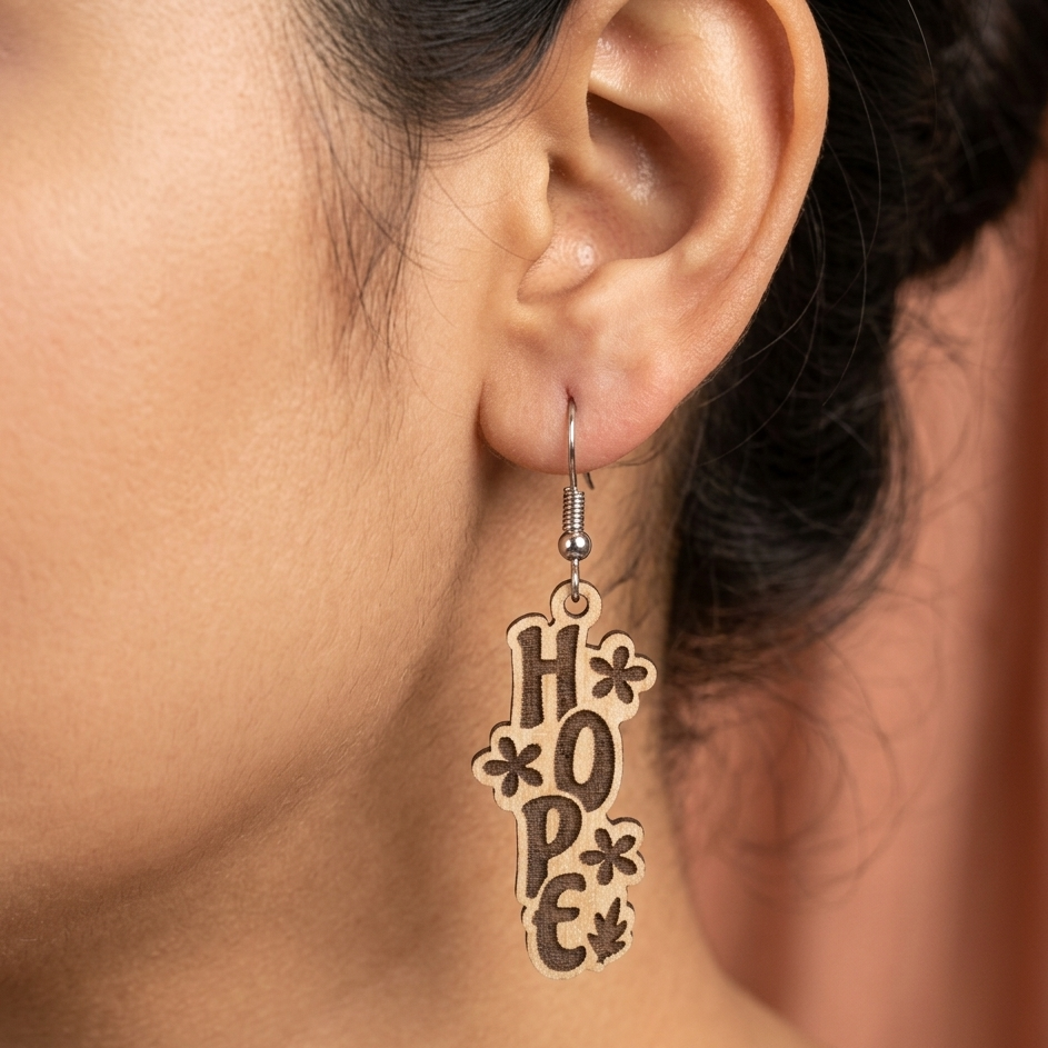 hope engraved wooden earrings for women inspirational floral engraved statement dangle earrings Main image