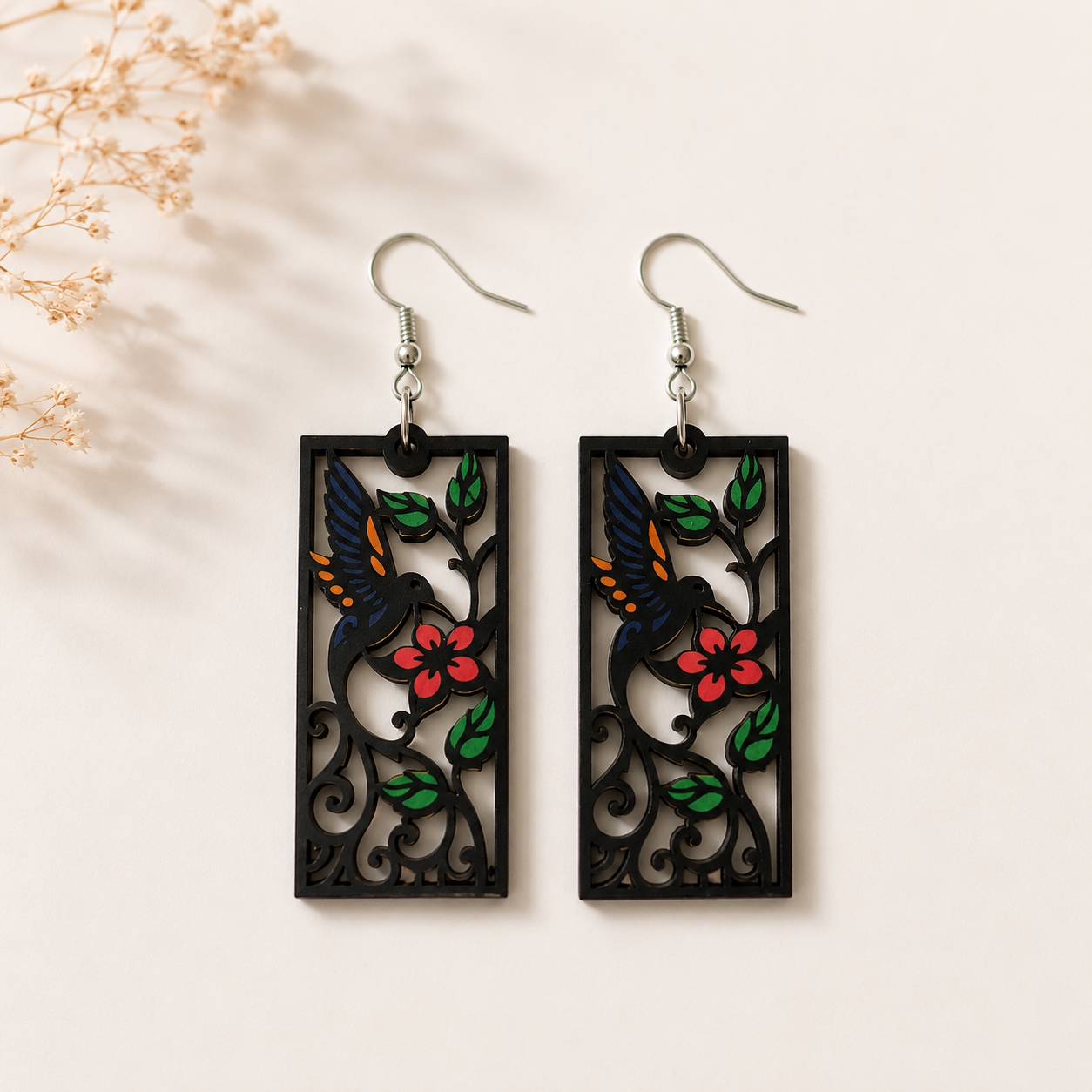 Hummingbird Bloom Wooden Earrings for Women featuring intricate floral cutwork with colorful bird design and lightweight silver hooks Main image