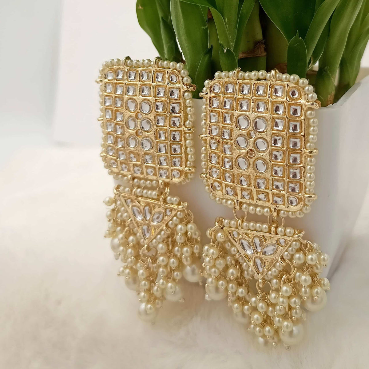Rectangle Shape Pearls Kundan Golden Celebrity Earrings