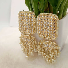 Rectangle Shape Pearls Kundan Golden Celebrity Earrings