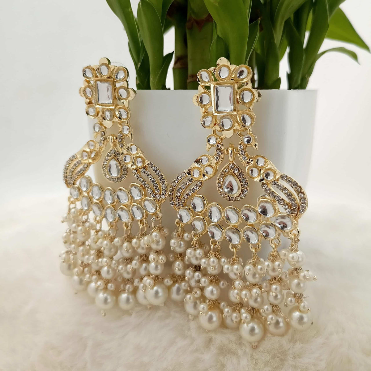 Premium Kundan Studded Square Golden Drop Beads Earrings