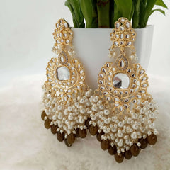 Mehndi Color Green Kundan Studded Drop Beads Golden Earrings