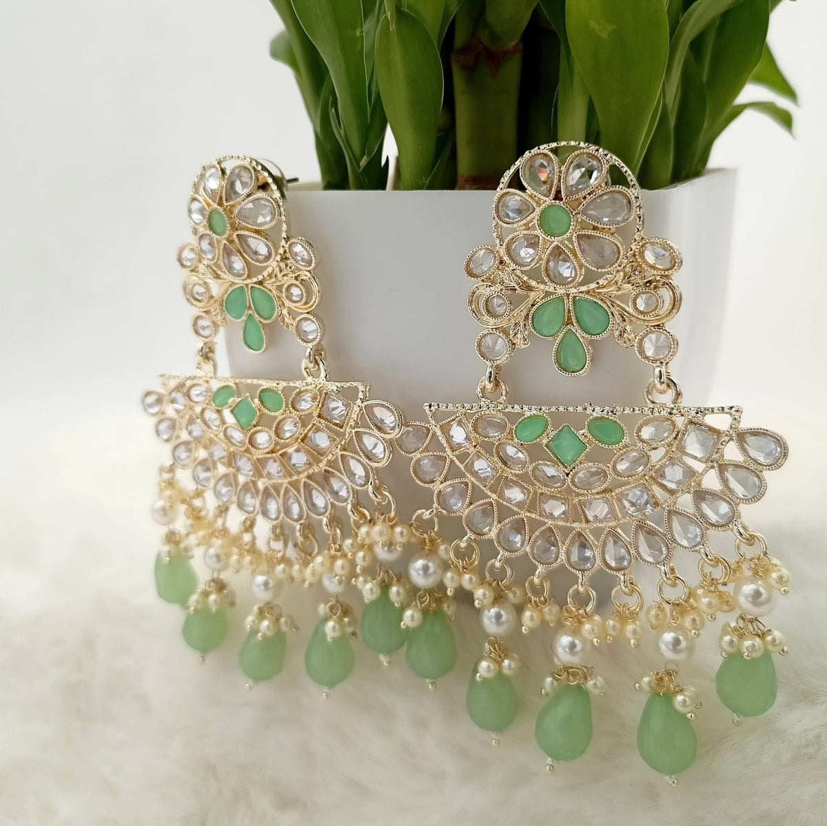 White Gold Green Color Kundan Beads Earrings