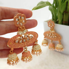 Orange Meena Oval Shape Triple Jhumki Kundan Earrings