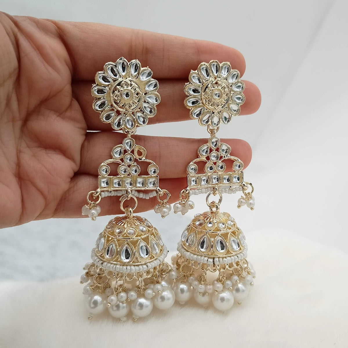 Kundan White Beads Drop Jhumka Earrings