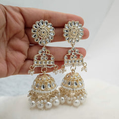 Kundan White Beads Drop Jhumka Earrings