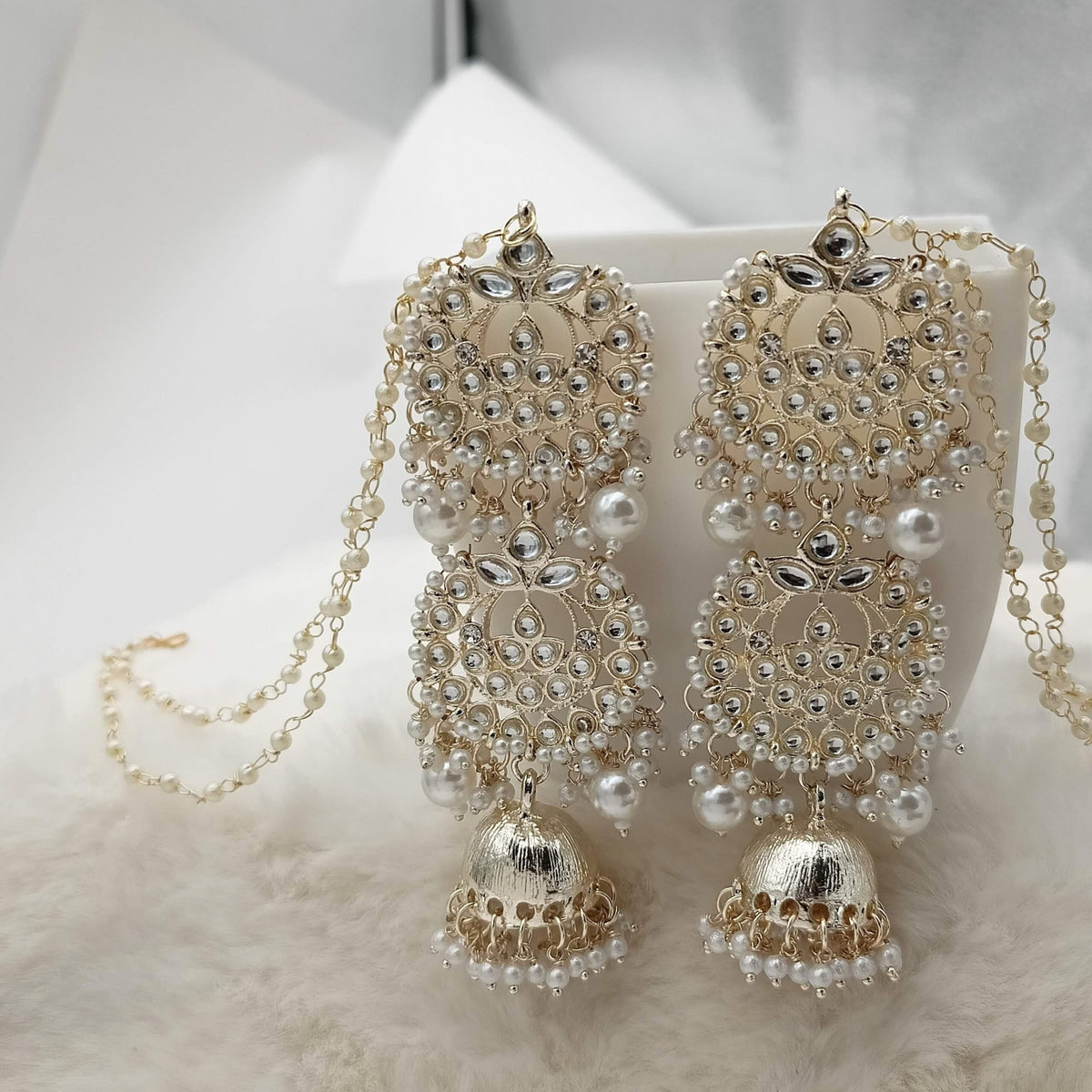Double Story Drop Jhumka White Gold Earrings