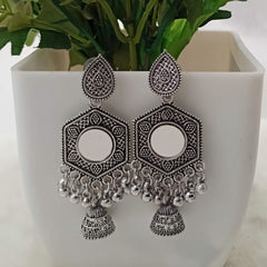 Cute Round Mirror Drop Jhumki Silver Oxidised Earrings