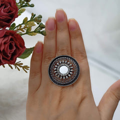 Round Mirror Silver Oxidised Fashion Adjustable Finger Ring