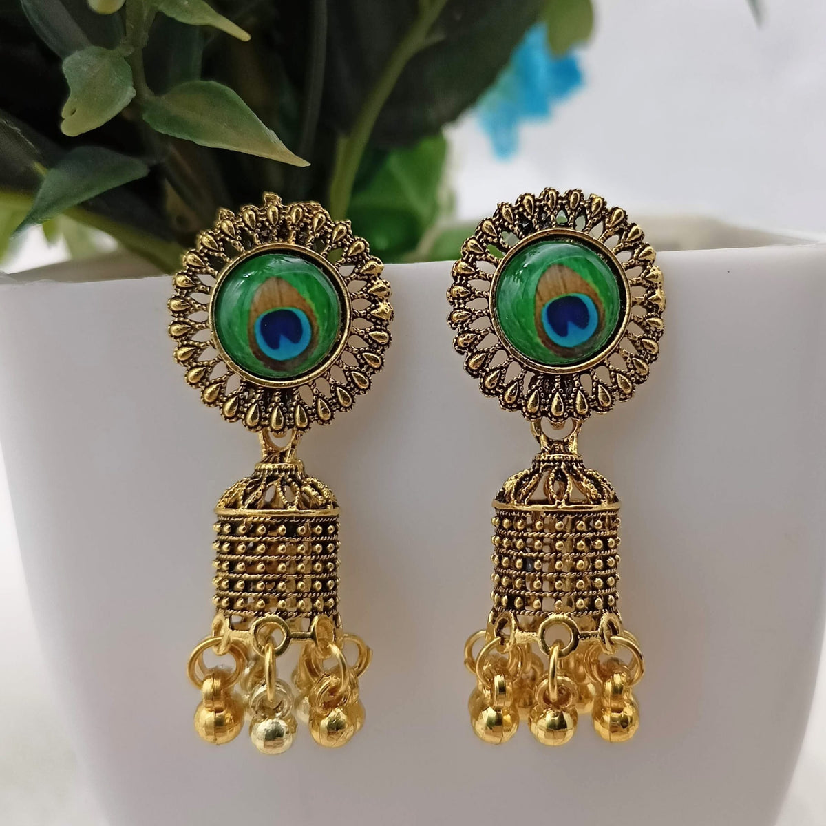 Peacock Sticker Golden Jalidar Jhumki Earrings