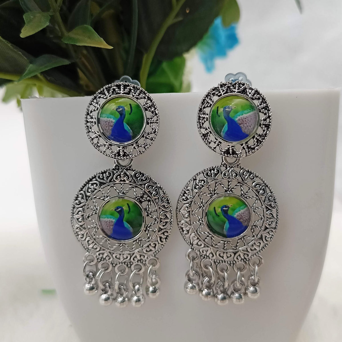 Trending Double Peacock Sticker Silver Oxidised Earrings