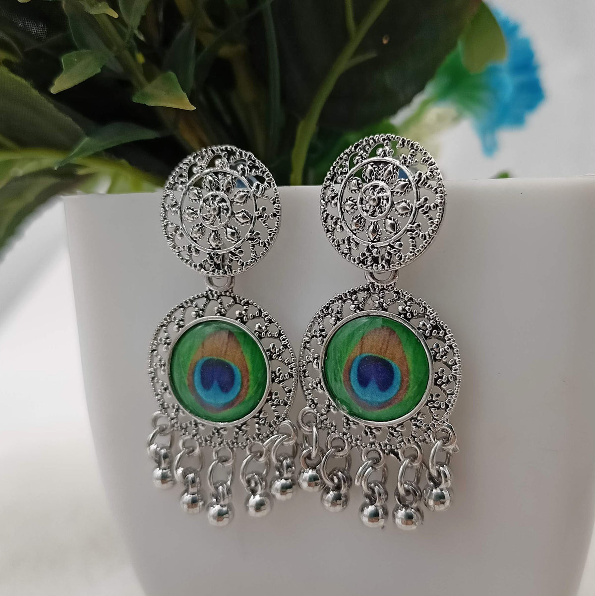 Drop Beads Peacock Sticker Silver Oxidised Earrings