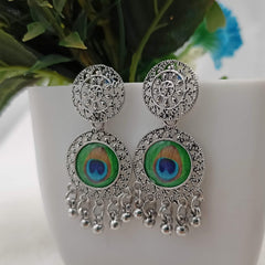 Drop Beads Peacock Sticker Silver Oxidised Earrings