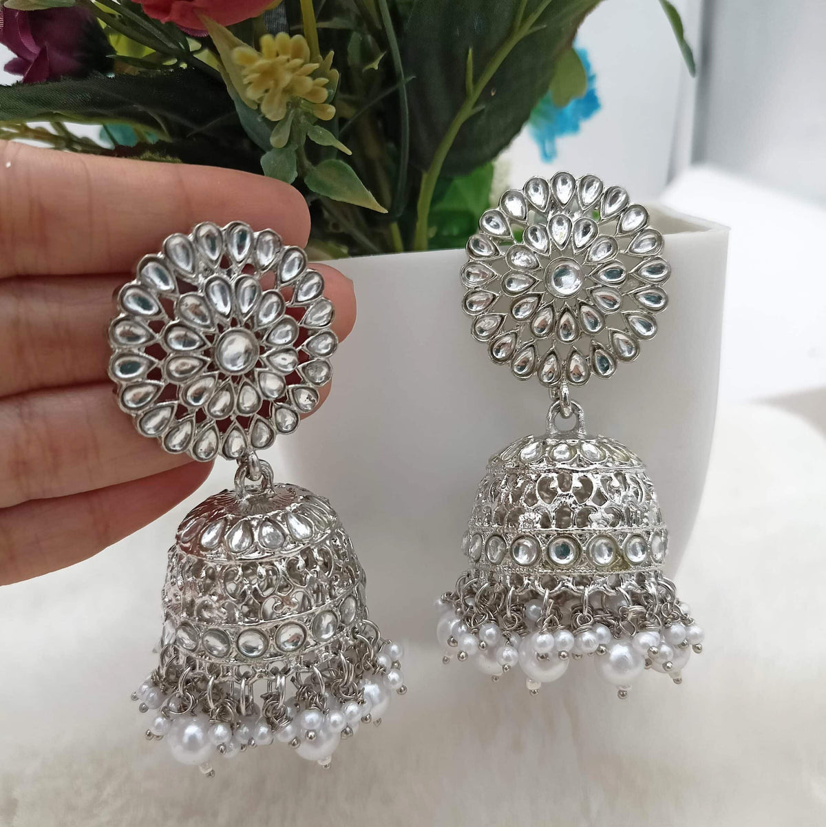 Kundan Studded Silver Alloy Premium Big Jhumka Earrings