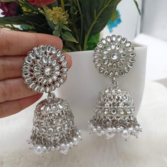 Kundan Studded Silver Alloy Premium Big Jhumka Earrings