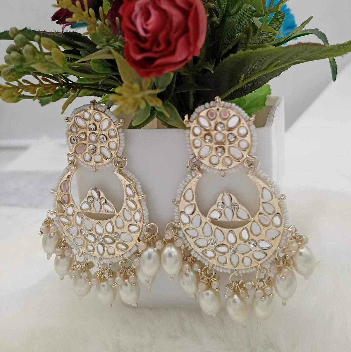 Mirror Studded Golden Color Drop Beautiful Beads Earrings