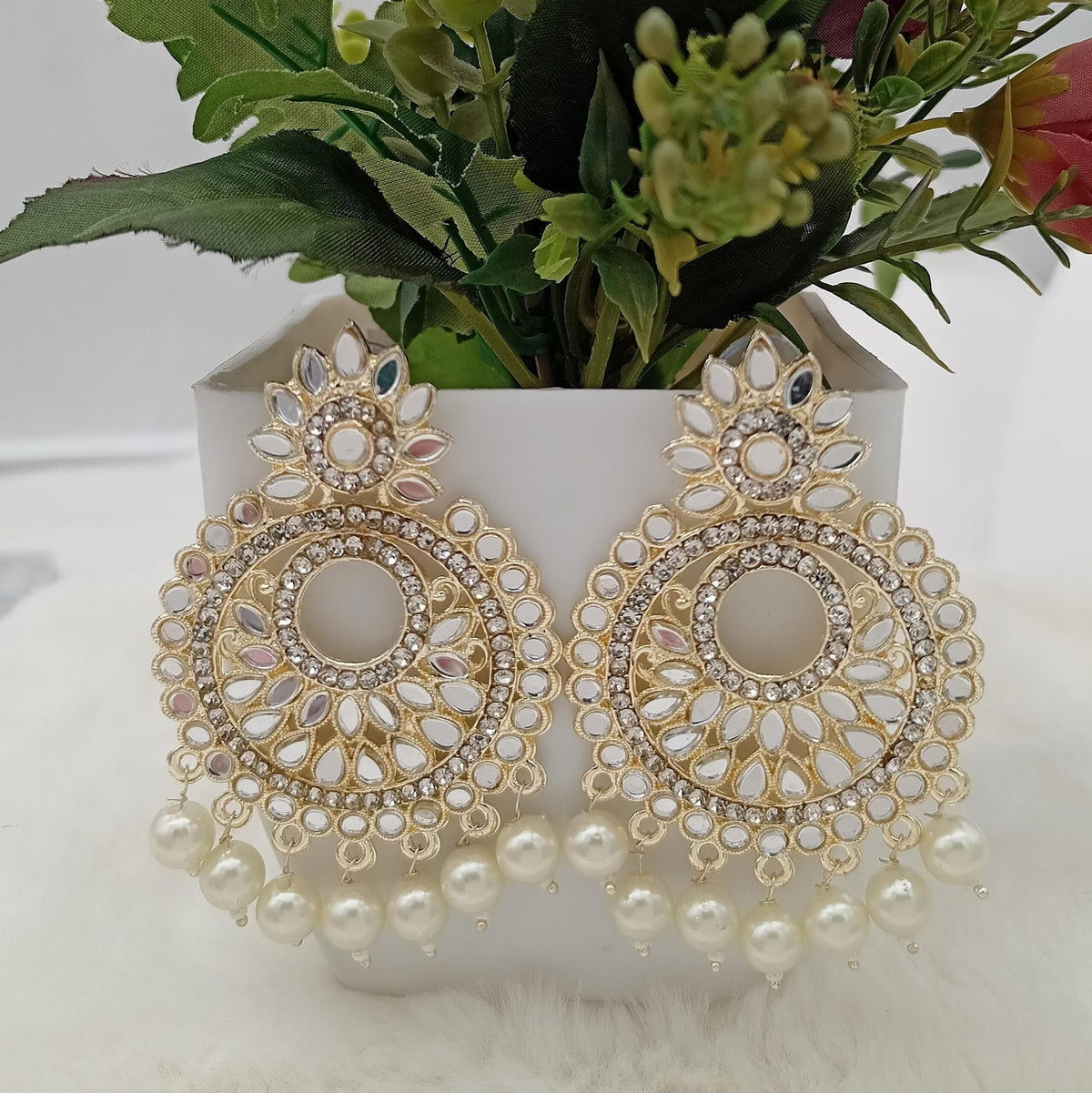 Beautiful Bollywood Mirror Drop Beads Golden Earrings
