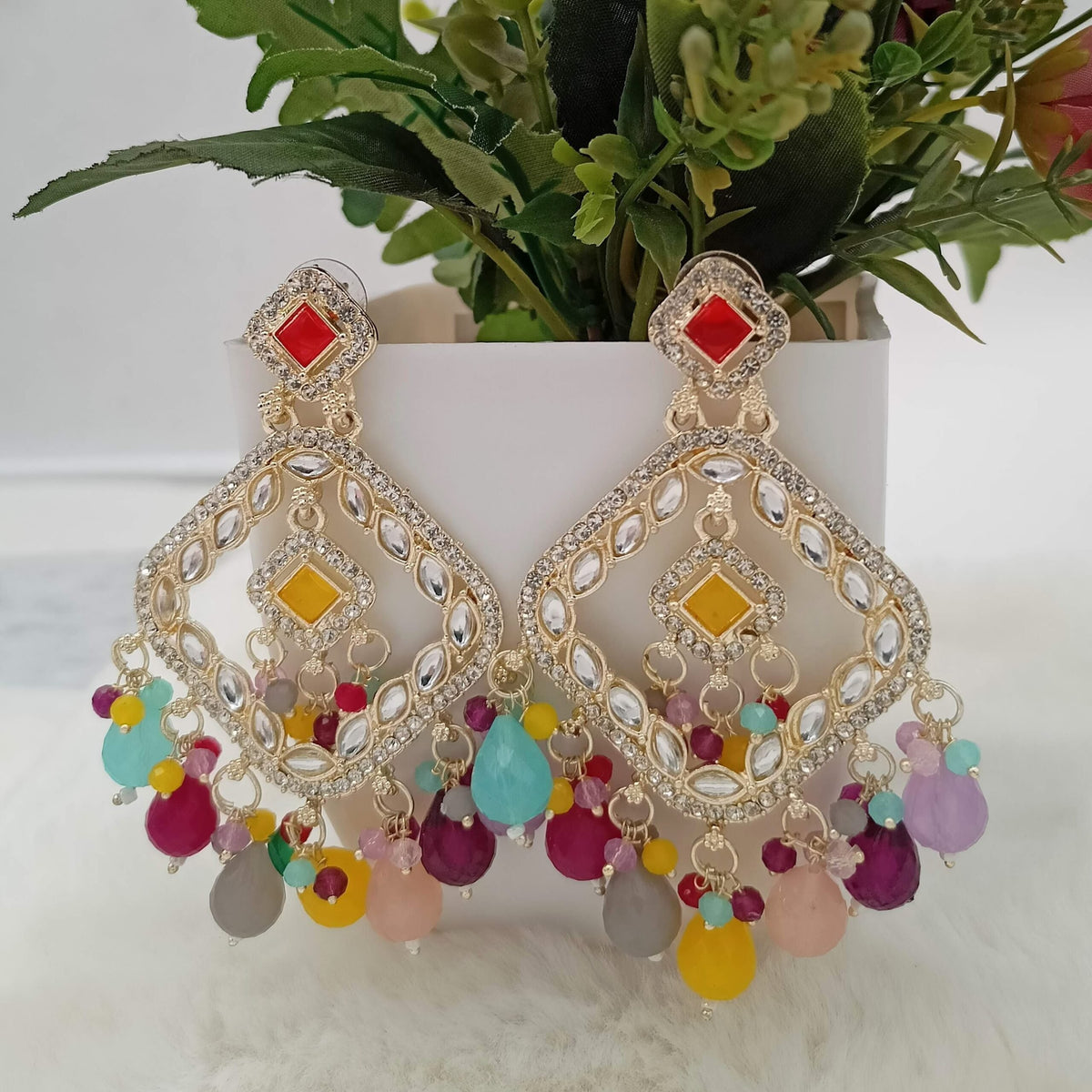 Gorgeous Multicolor Beads Kundan Stone Studded Golden Earrings