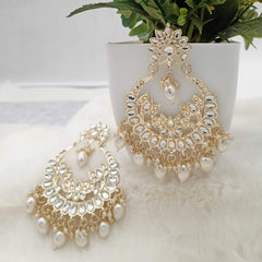 Traditional Chandbali Kundan Studded Drop Beads Golden Earrings