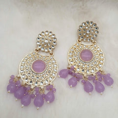 Purple Color Kundan Studded Round Stone Golden Earrings
