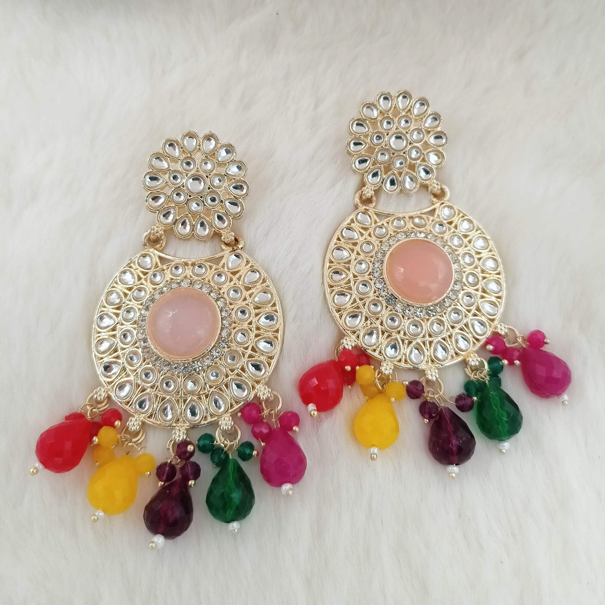 Multicolor Trendy Kundan Studded Round Stone Golden Earrings