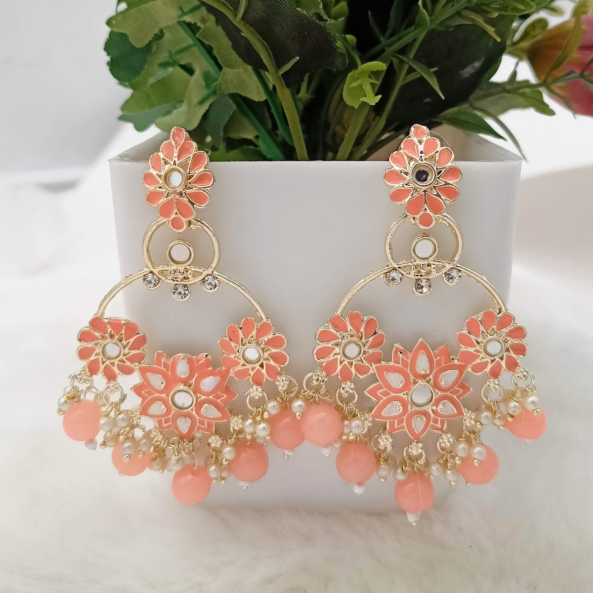 Orange & White Flower Meena Kundan Polki Mirror Golden Earrings