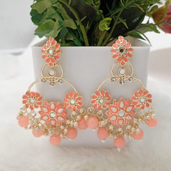 Orange & White Flower Meena Kundan Polki Mirror Golden Earrings