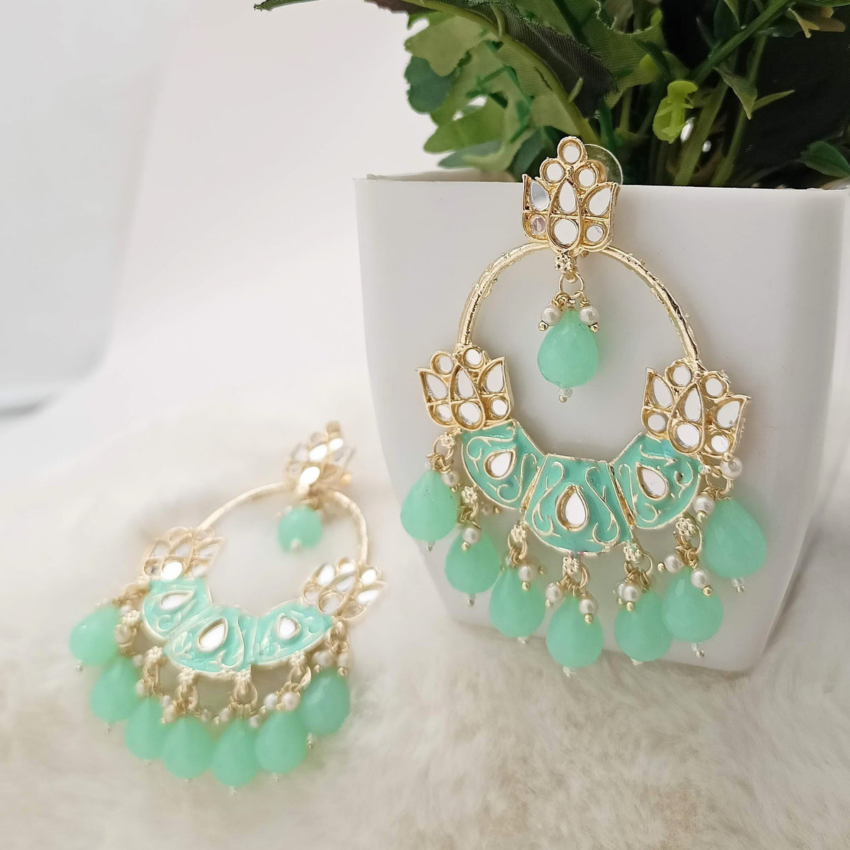 Light Color Meenakari Ethnic Mirror Chandbali Golden Earrings