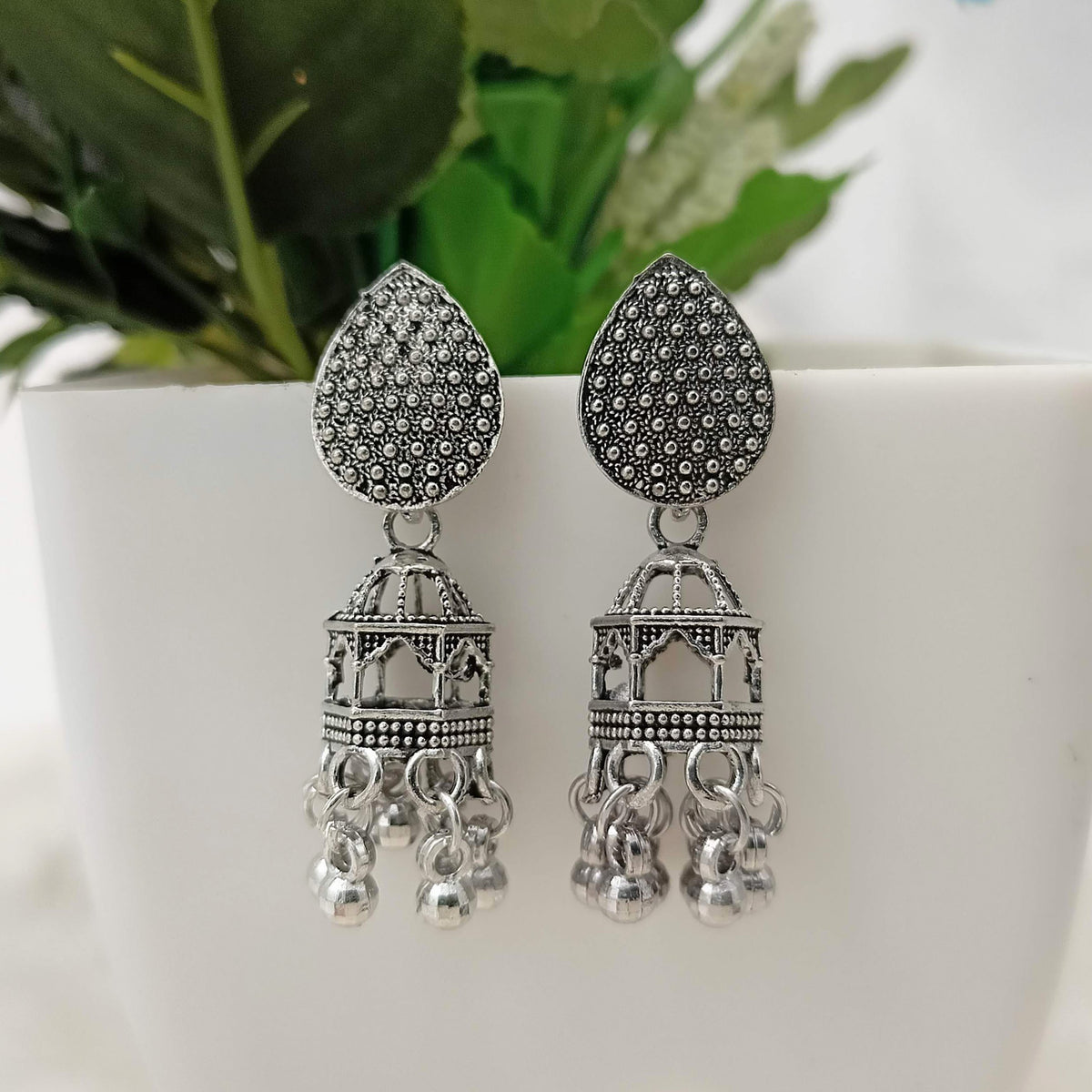 Tikka Shape Stud Drop Mandir Oxidised Jhumki Silver Earrings