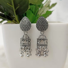 Tikka Shape Stud Drop Mandir Oxidised Jhumki Silver Earrings