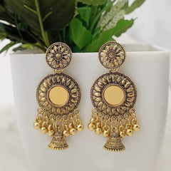 Golden Oxidised Round Mirror Drop Jhumki Earrings