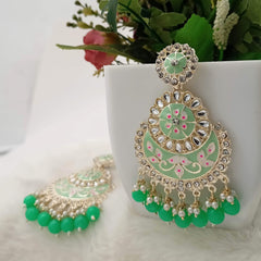 Light Green Color Meenakari Chandbali Kundan Beads Golden Earrings