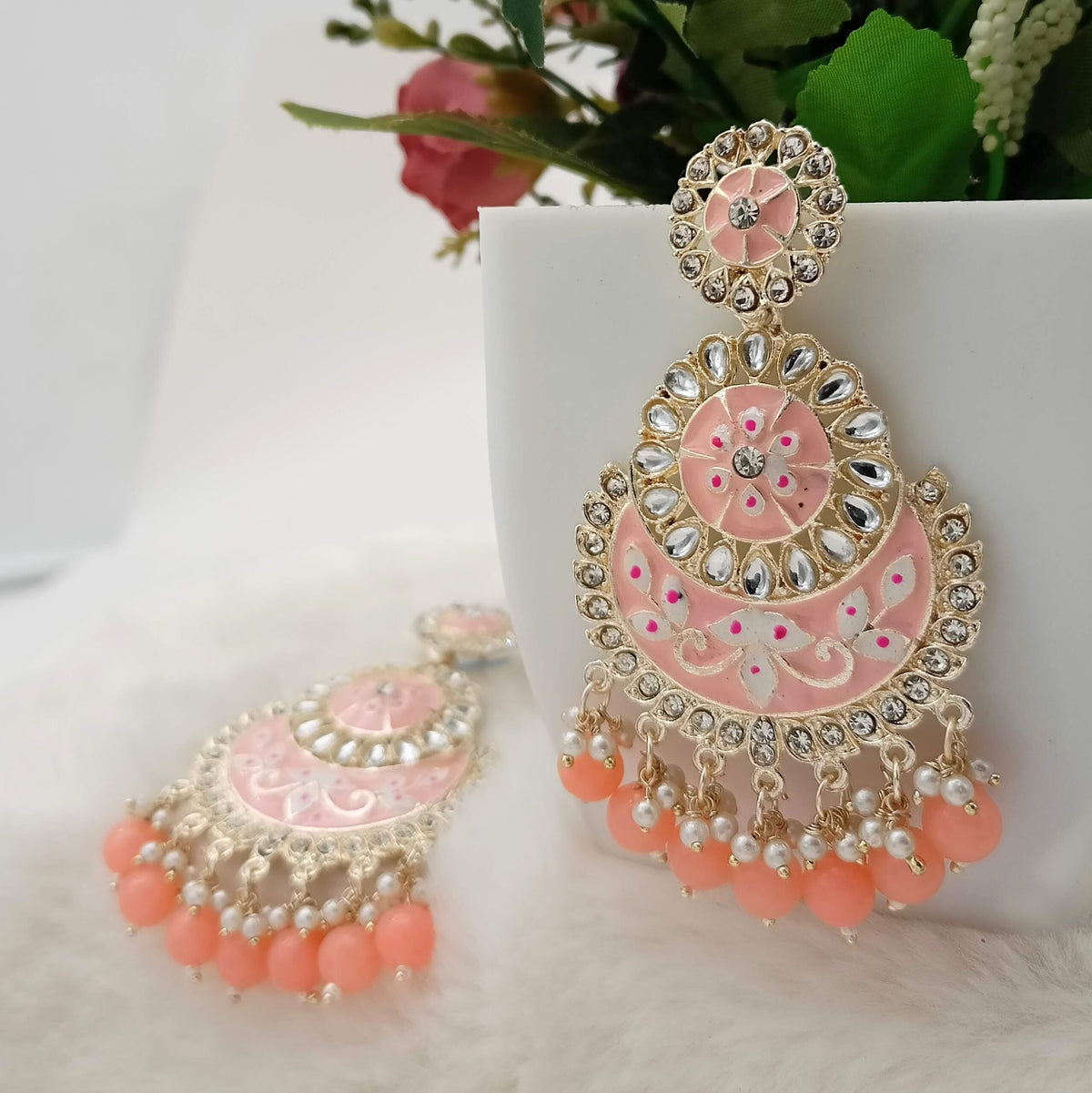 Orange Color Meenakari Chandbali Kundan Beads Golden Earrings