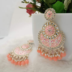 Orange Color Meenakari Chandbali Kundan Beads Golden Earrings