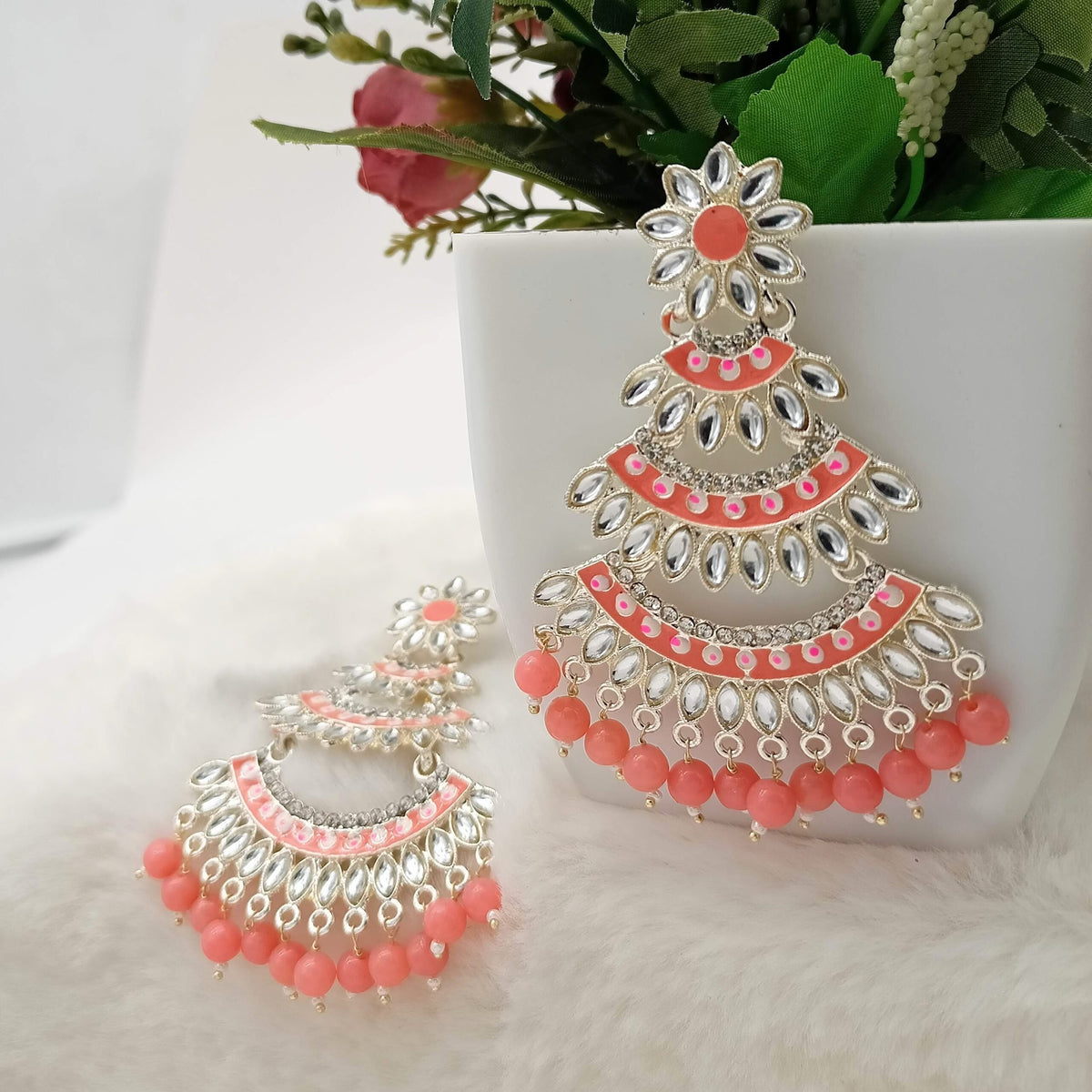 Orange Color Triple Chandbali Kundan Studded Golden Earrings