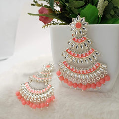 Orange Color Triple Chandbali Kundan Studded Golden Earrings