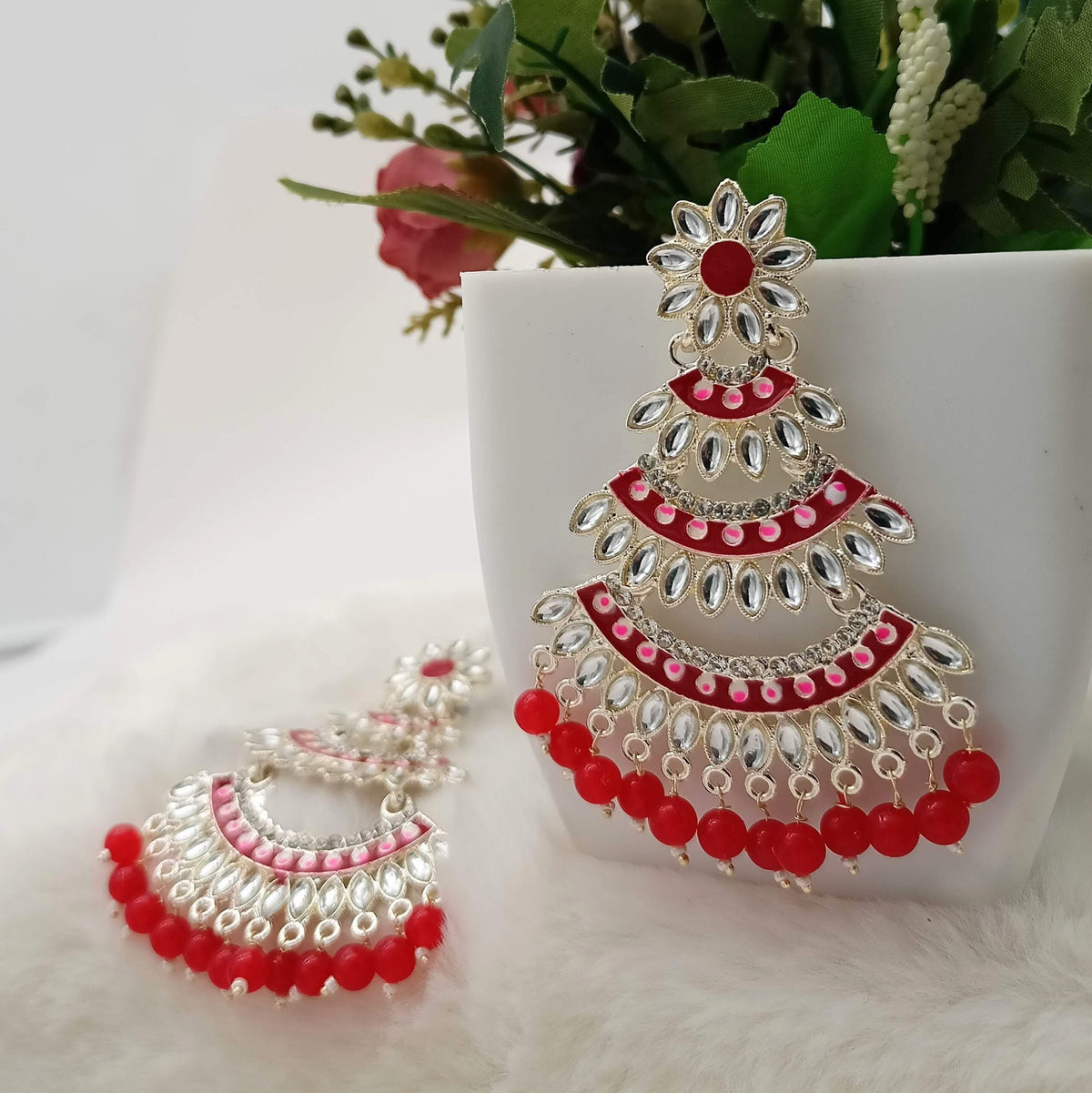 Red Color Triple Chandbali Kundan Studded Golden Earrings