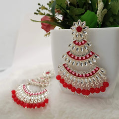 Red Color Triple Chandbali Kundan Studded Golden Earrings