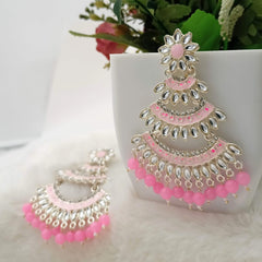 Baby Pink Color Triple Chandbali Kundan Studded Golden Earrings