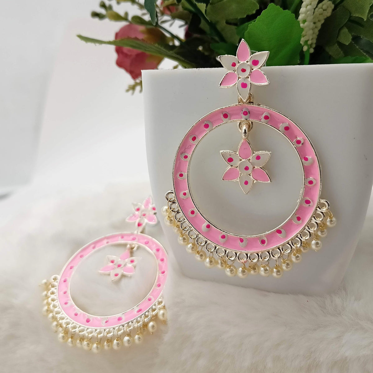 Baby Pink Color Meenakari Round Bali Drop Beads Golden Earrings