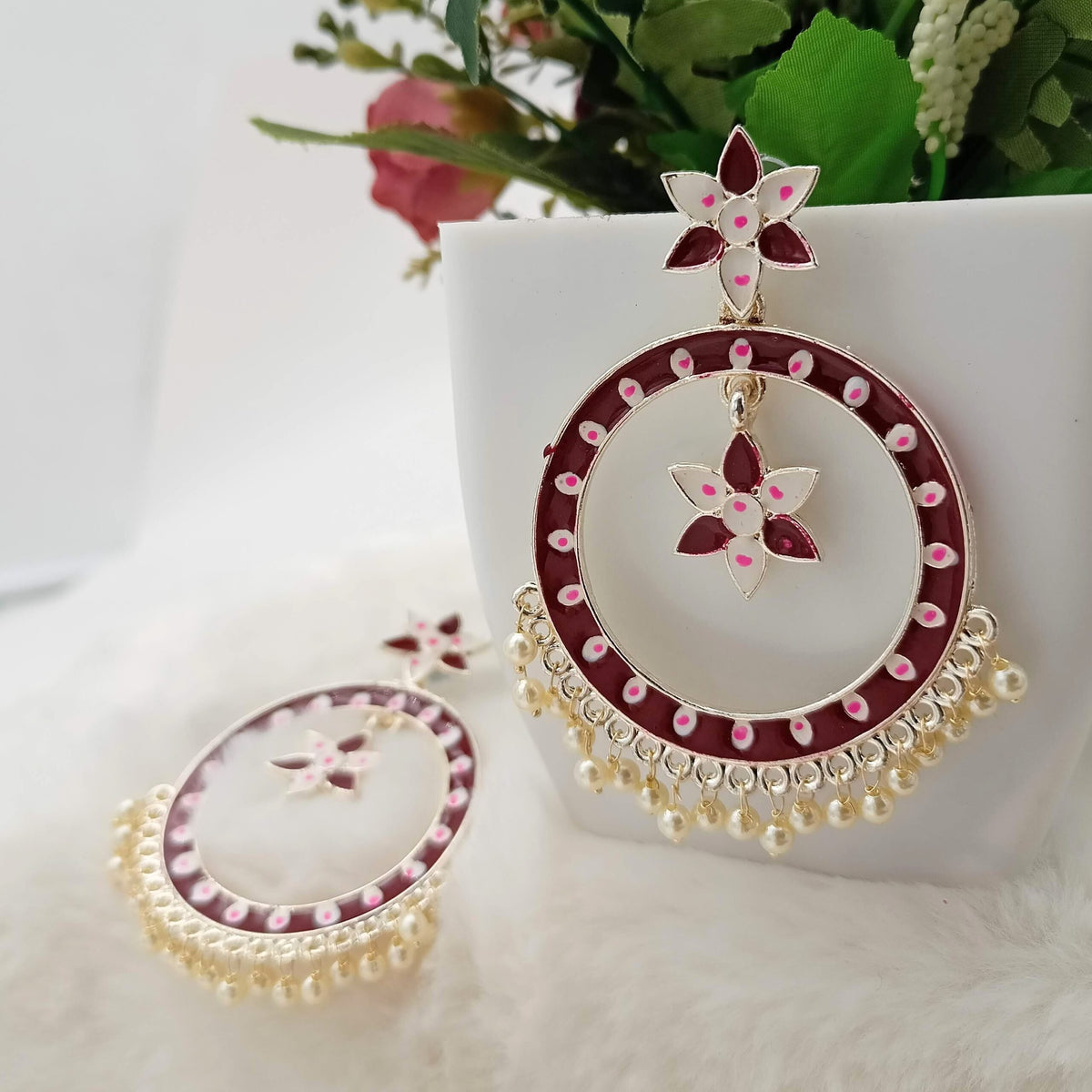 Dark Red Color Meenakari Round Bali Drop Beads Golden Earrings