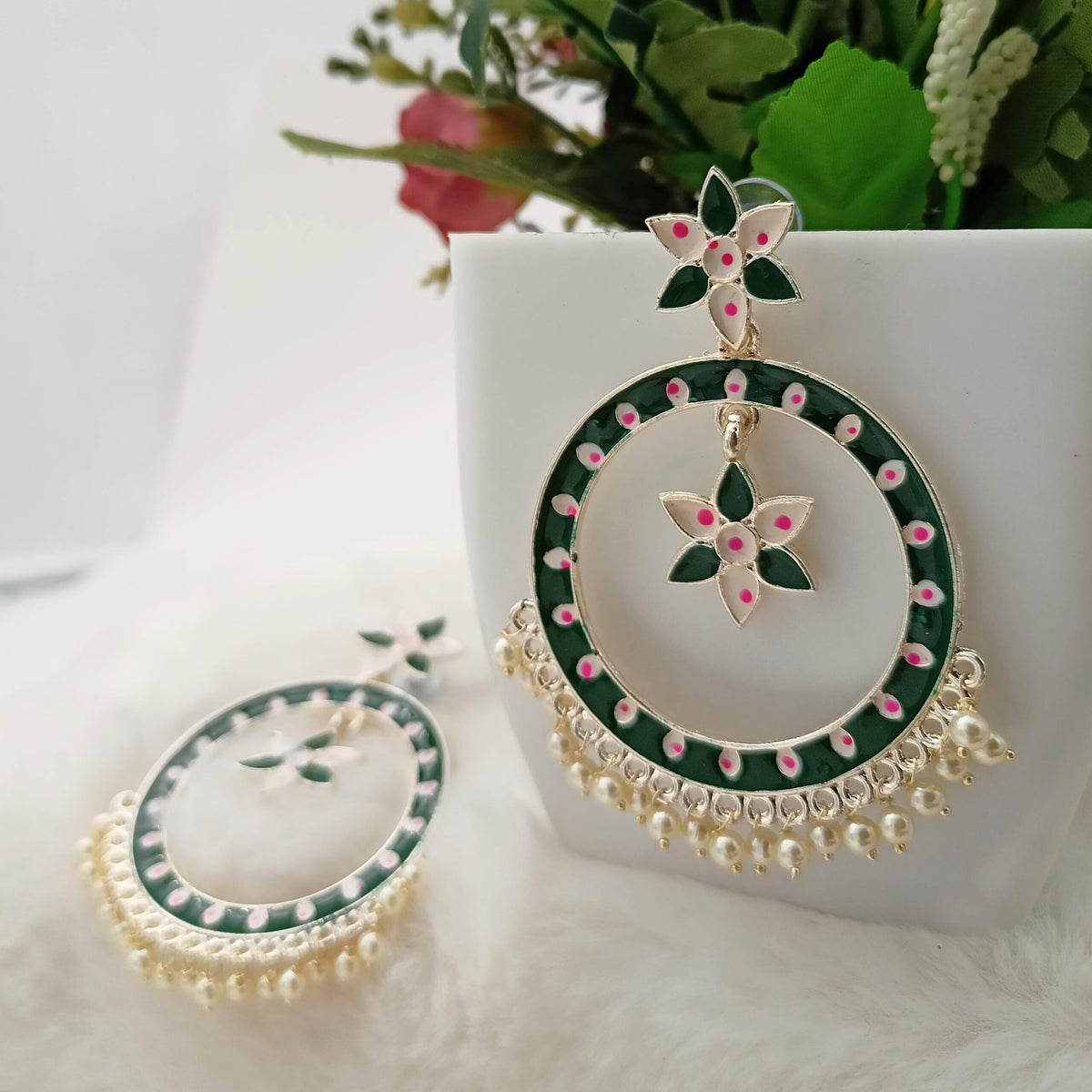 Dark Green Color Meenakari Round Bali Drop Beads Golden Earrings